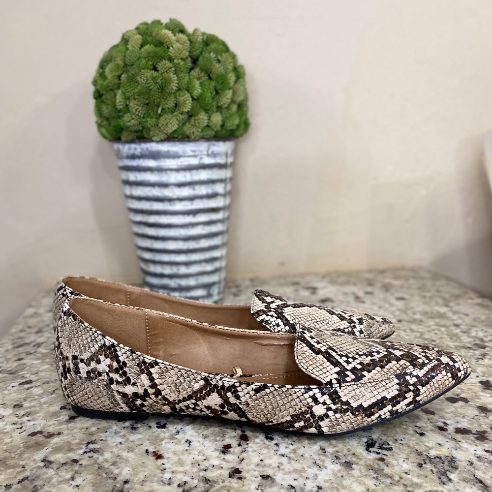 Womens Faux Snakeskin Pointed Toe Smoking Flats‎ Neutral Animal Print Loafers 11